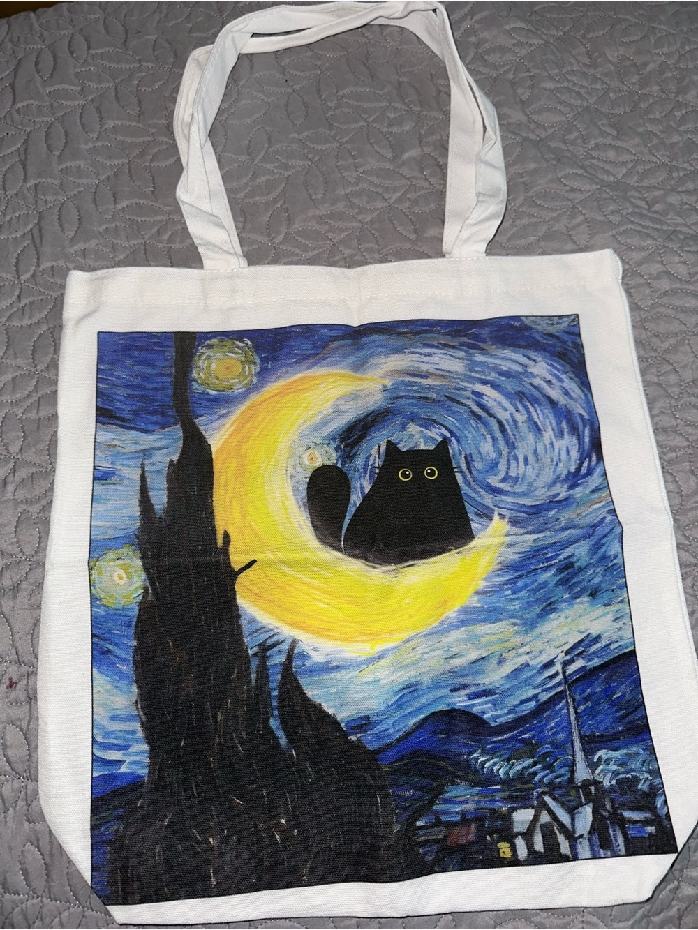 White Art Tote with Black Cat on Yellow Moon Print